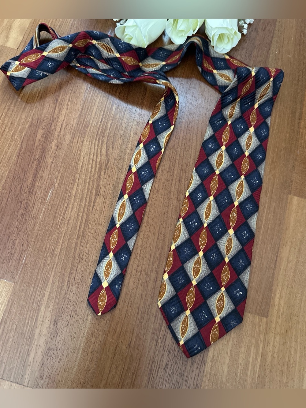 #012 - Men's Red and Navy Diamond Pattern Silk Tie